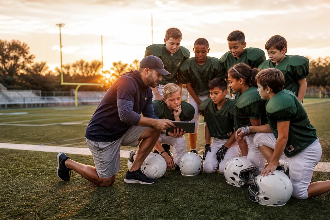 A youth football coach teaching players a play on a tablet