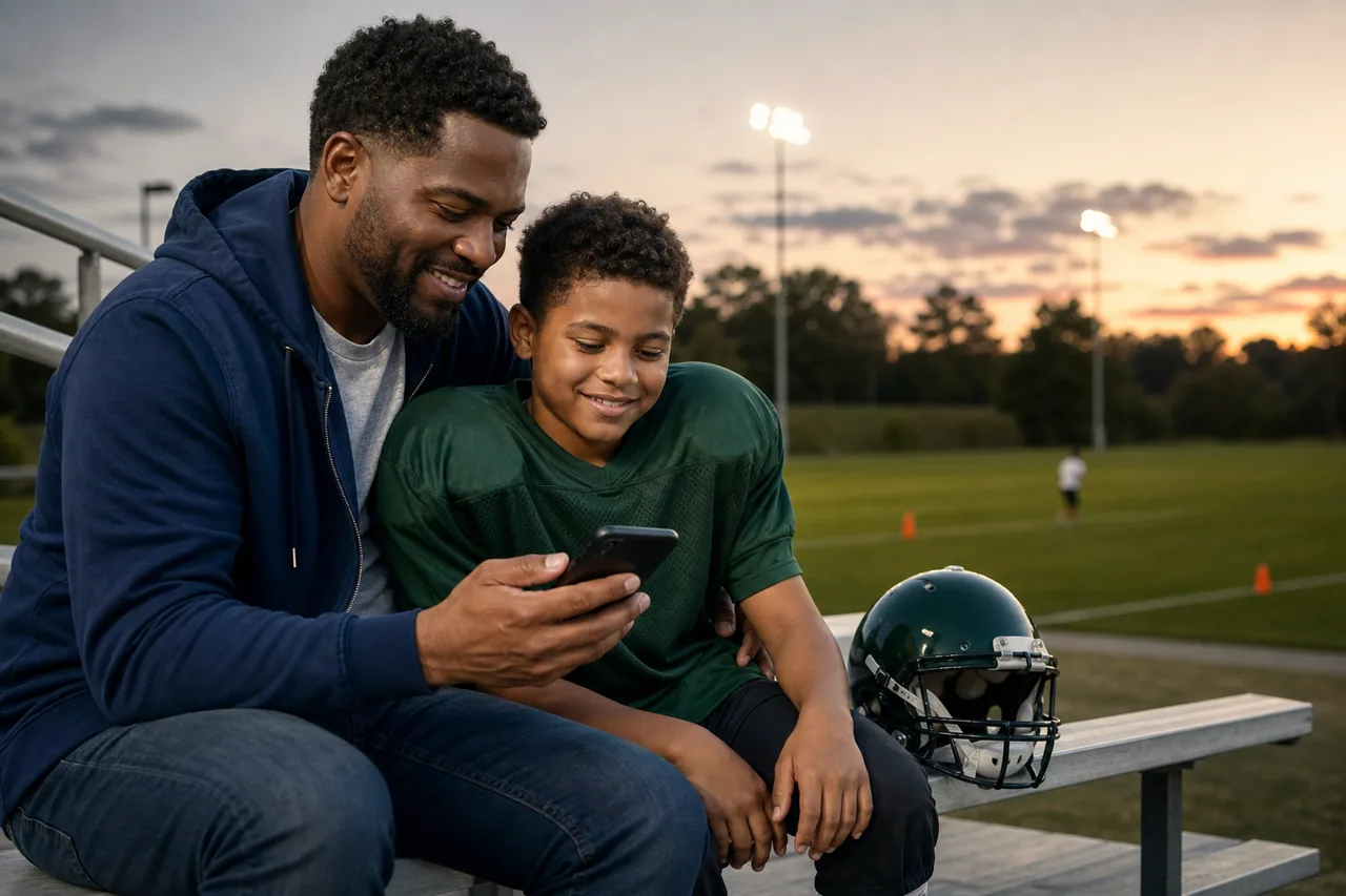 A parent and young player reviewing progress together after practice